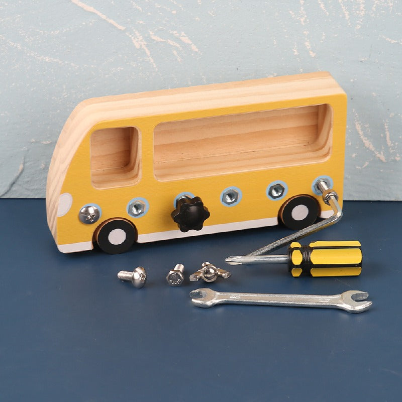 Wooden Building Blocks Montessori Toy Bus with Screwing Tools 4
