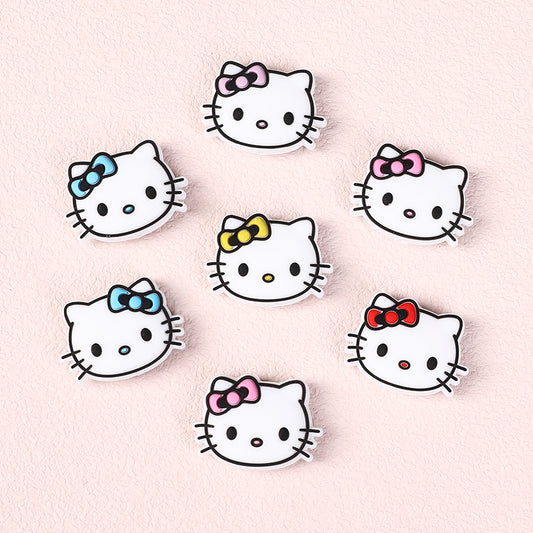 20Pcs Silicone Focal Beads White Cat Head with Bow Detail