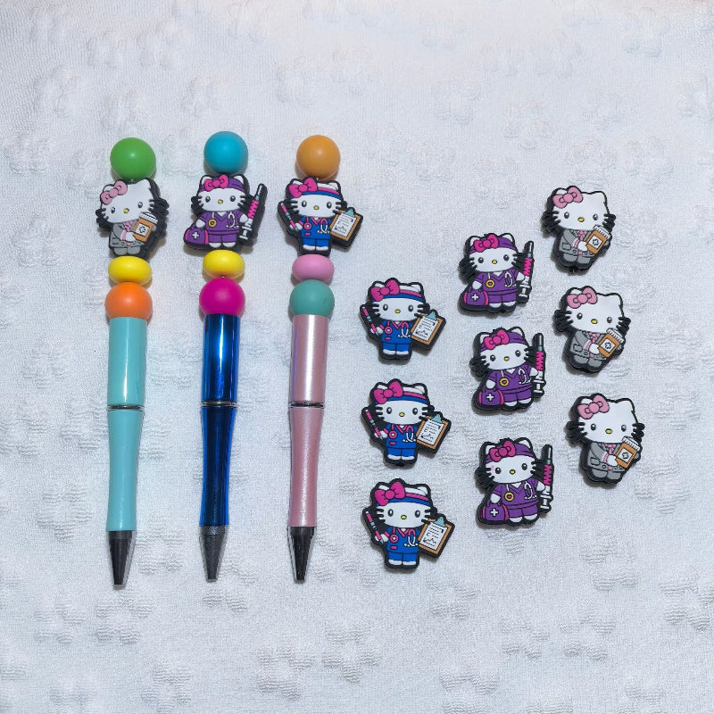 20pcs Silicone Focal Beads White Cat No Mouth Pink Bow Medical Staff 2