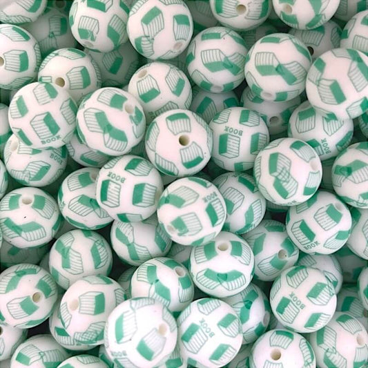 50pcs 15mm Blue Green Stack Of Books Print Silicone Beads Printed Design