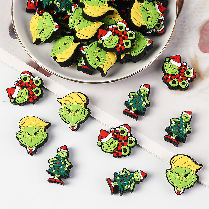 20Pcs Silicone 3D Focal Beads Green Furry Character Scowling Face
