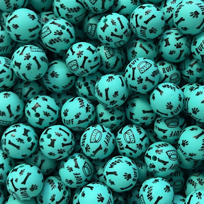 50pcs 15mm Wool Ruff Paw Dog Bone Print Silicone Beads Multi Color 2