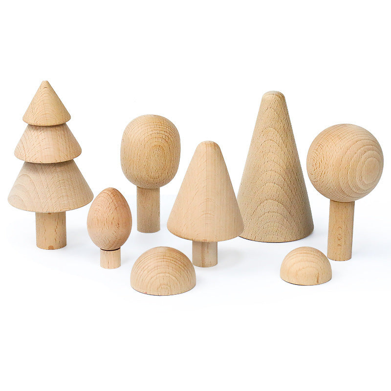 Wooden Building Blocks Rainbow and Natural Color Small Tree Shapes 4