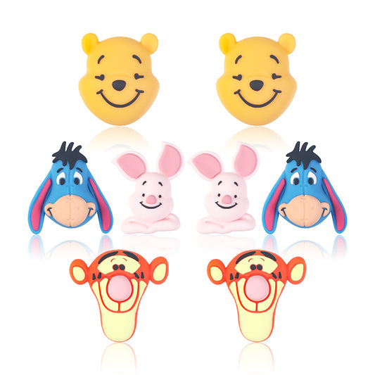 20Pcs Silicone 3D Focal Beads Yellow Bear Round Head Blue Donkey Side Profile Pink Pig Sitting Pose Orange Tiger Front Facing