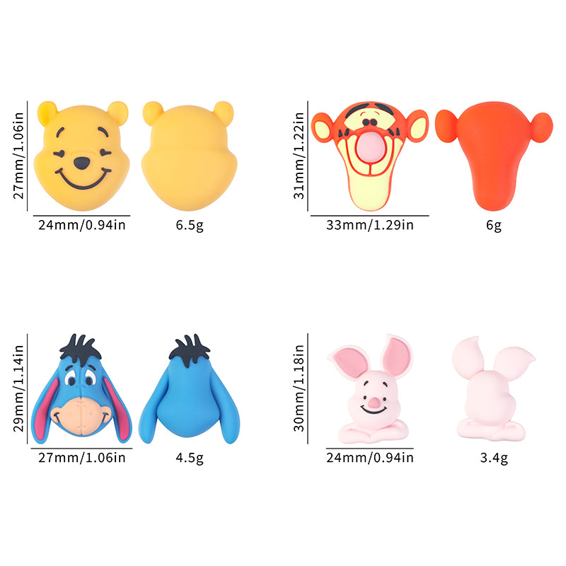 20Pcs Silicone 3D Focal Beads Yellow Bear Round Head Blue Donkey Side Profile Pink Pig Sitting Pose Orange Tiger Front Facing 11