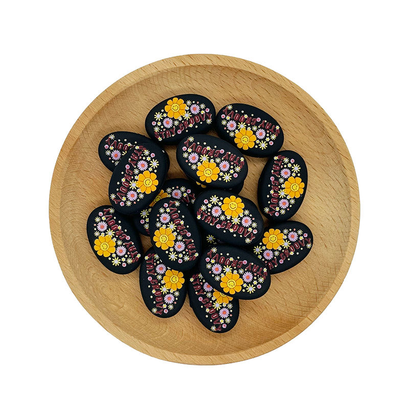20pcs Silicone Focal Beads Black Letters Floral Design 2