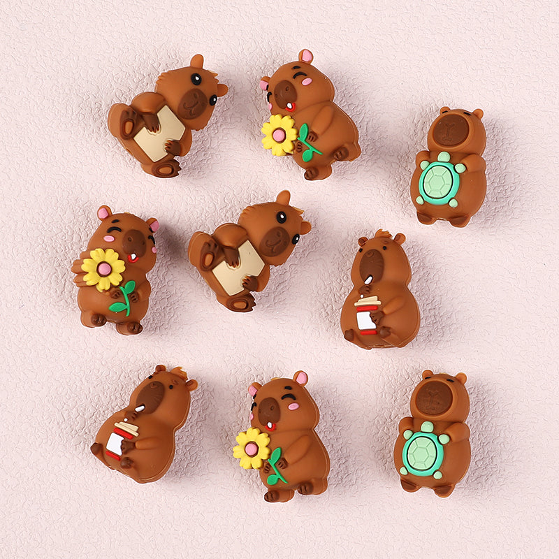 20Pcs Silicone 3D Focal Beads Capybara Holding Flower and Sitting Pose 3
