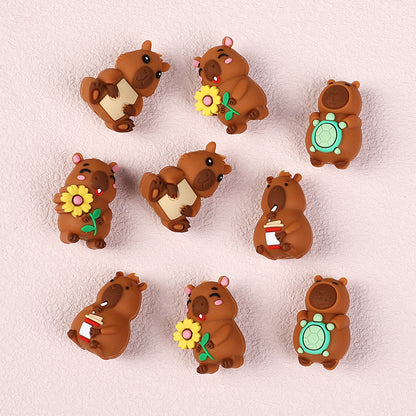 20Pcs Silicone 3D Focal Beads Capybara Holding Flower and Sitting Pose 3