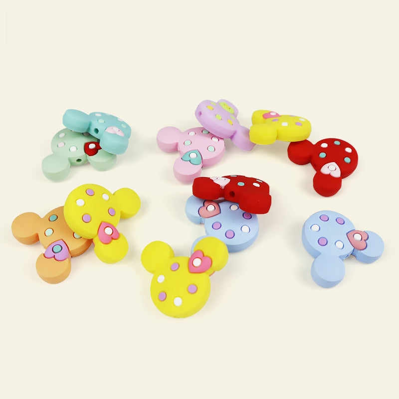 Silicone Focal Beads Round Ear Mouse Character with Polka Dot Detail