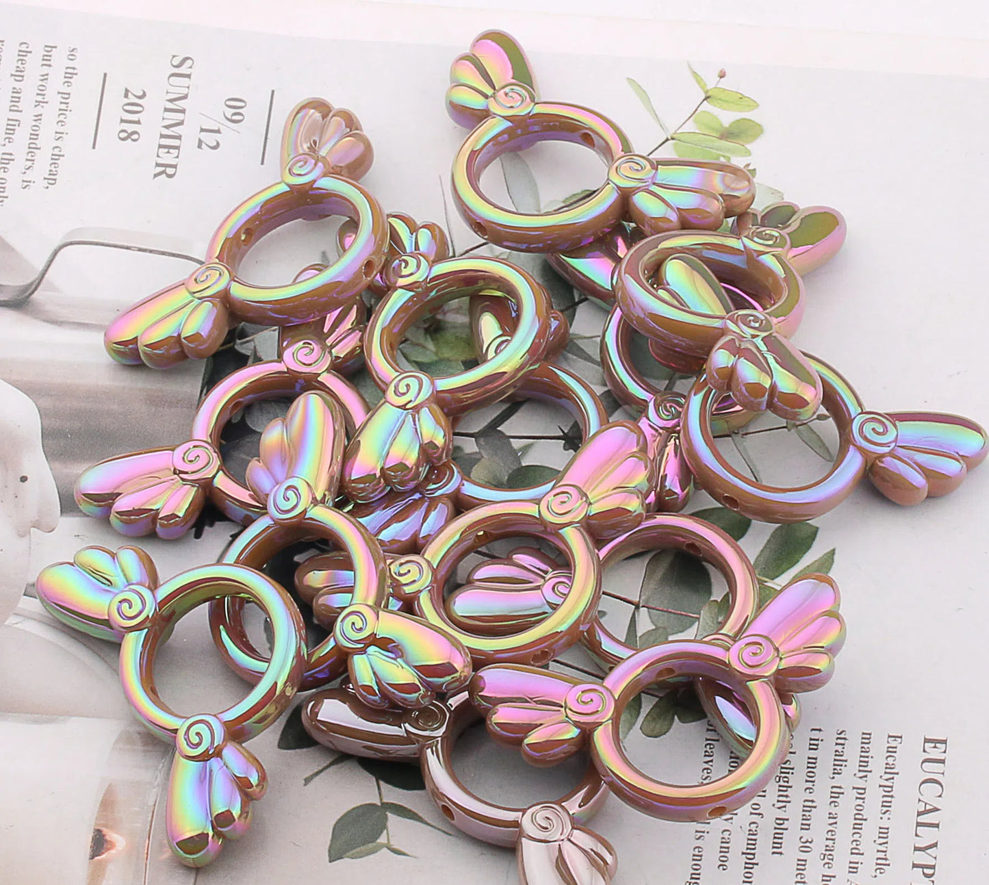 2Pcs 25x46mm Sakura Angel Wings Acrylic Beads UV Finish Color Plated 10