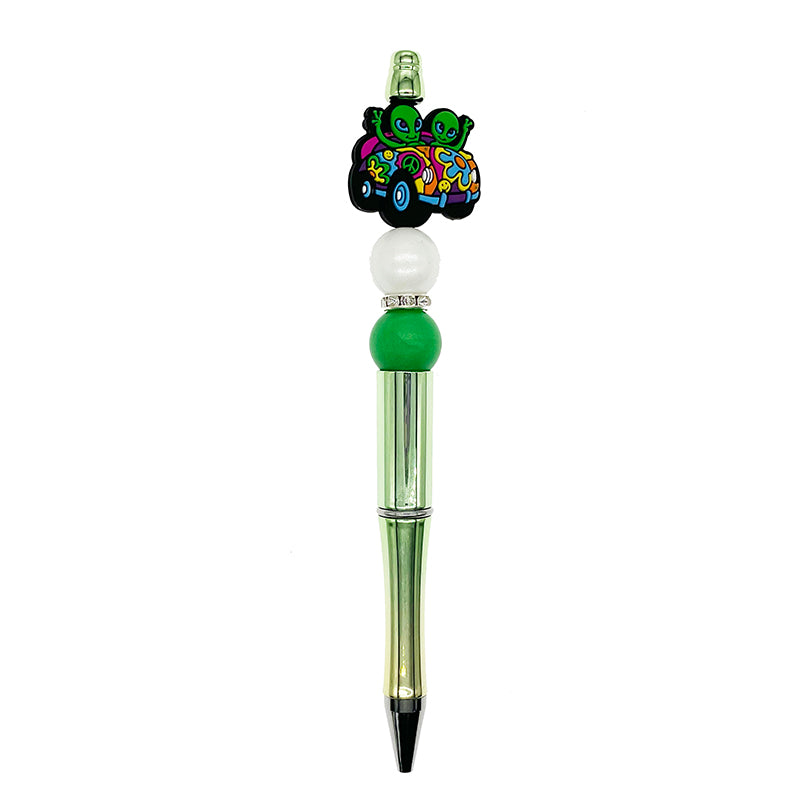 20pcs Silicone Focal Beads Alien Car with Peace Symbol and Flower Pattern 3