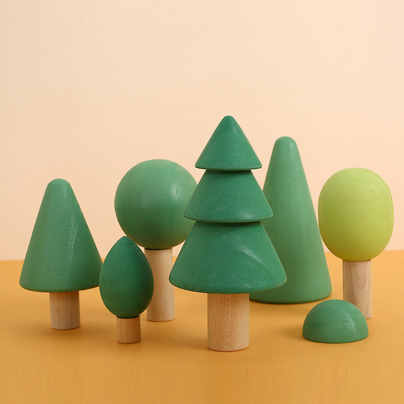 Tree Block Color Wooden Building Blocks Rainbow and Natural Color Small Tree Shapes ...