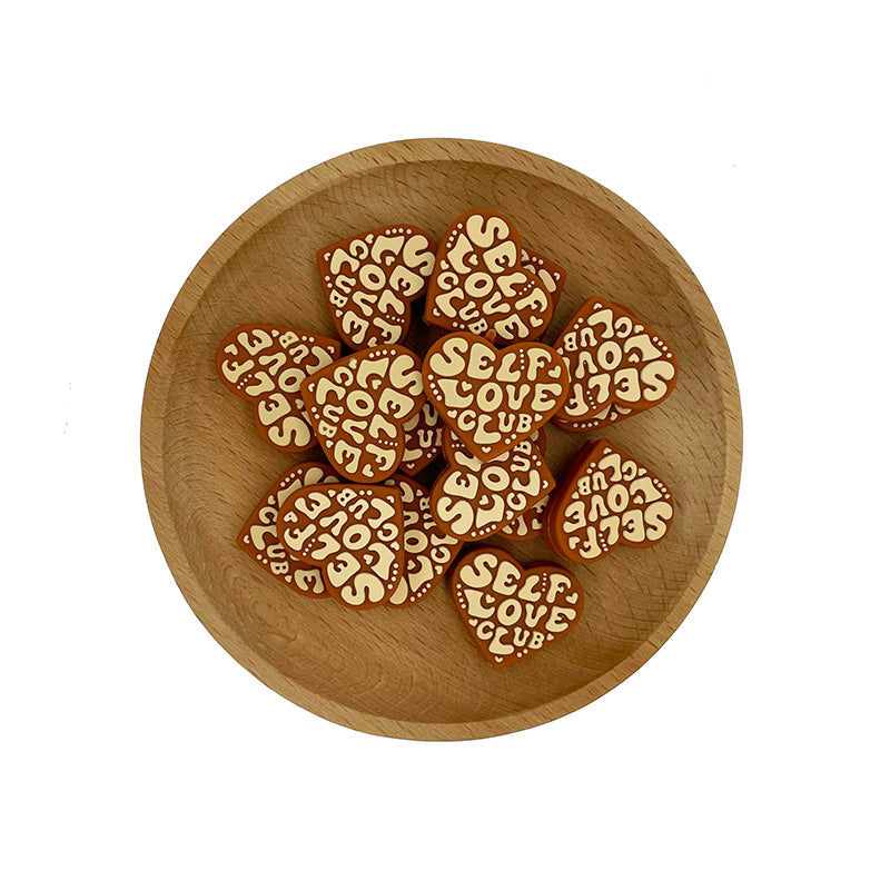 20pcs Silicone Focal Beads Brown Heart with Self Love Text 2