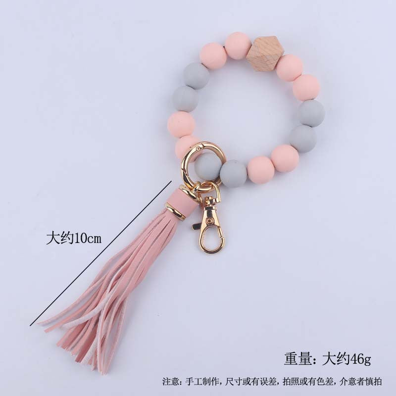 Leather Tassel Octagonal Silicone Bead Wristlet Keychain 5