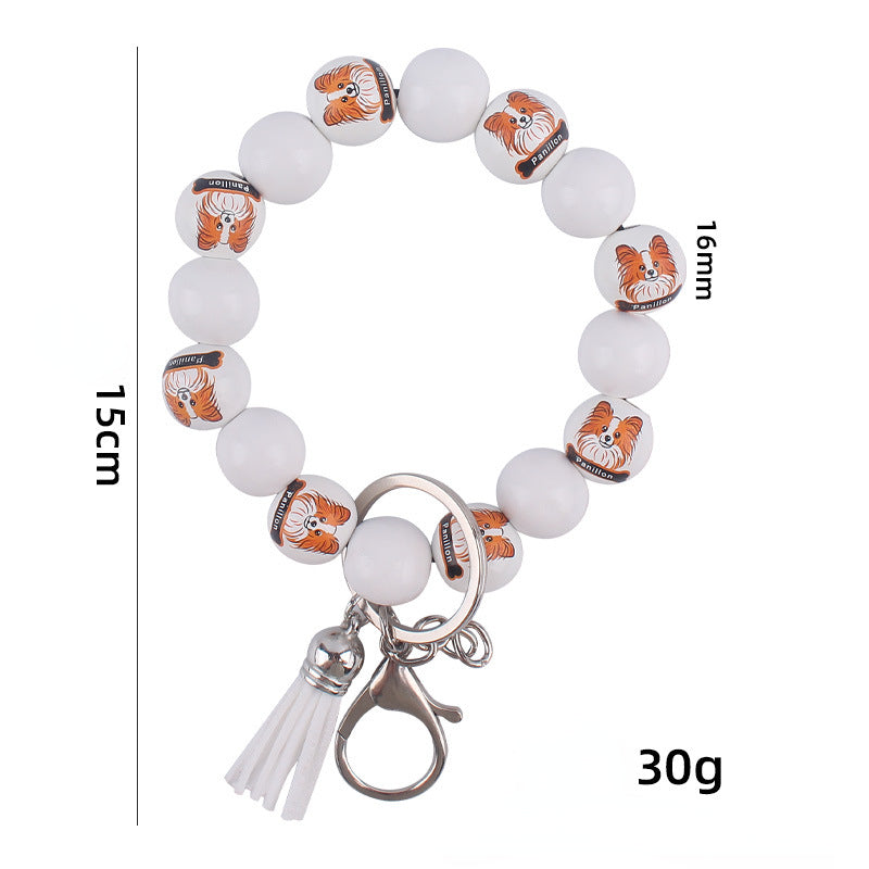 Wooden Dog Tassel Silicone Bead Wristlet Keychain with Charm 5