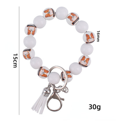 Wooden Dog Tassel Silicone Bead Wristlet Keychain with Charm 5