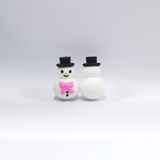 20Pcs Silicone 3D Focal Beads Snowman With Pink Bow Front Facing