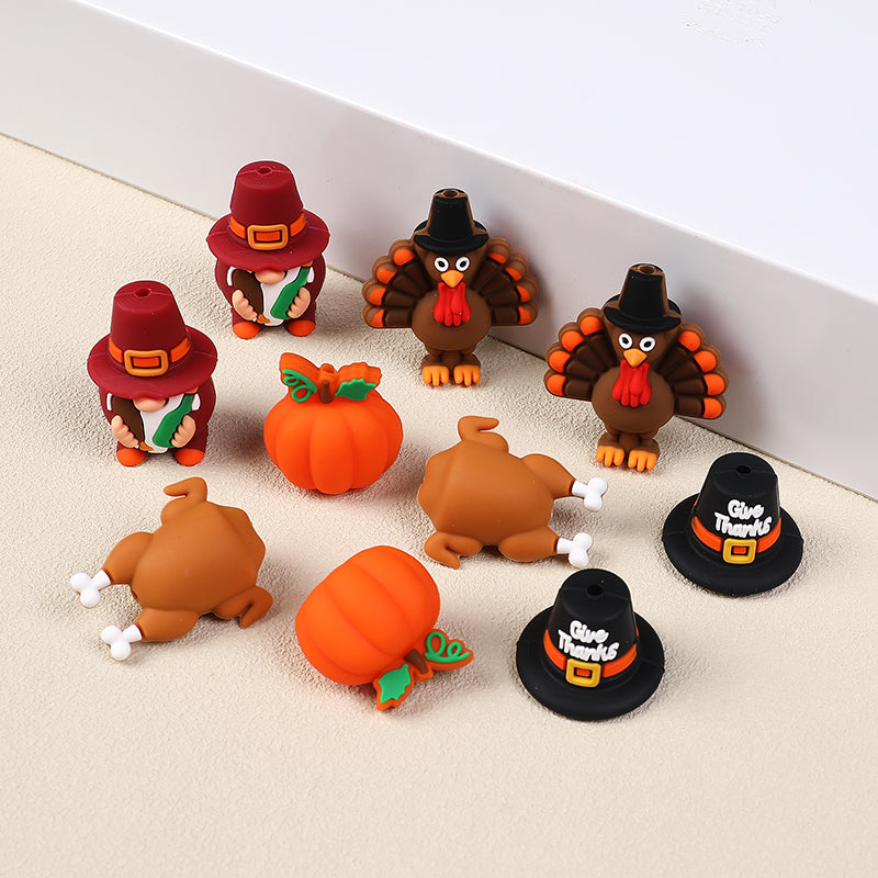 20Pcs Silicone 3D Focal Beads Thanksgiving Theme Turkey Pumpkin Hat Designs 5