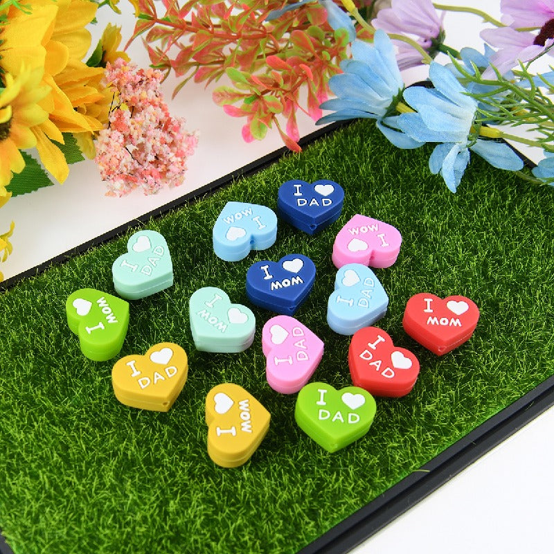 50pcs Silicone Focal Beads Love Heart Printed Text Design 4