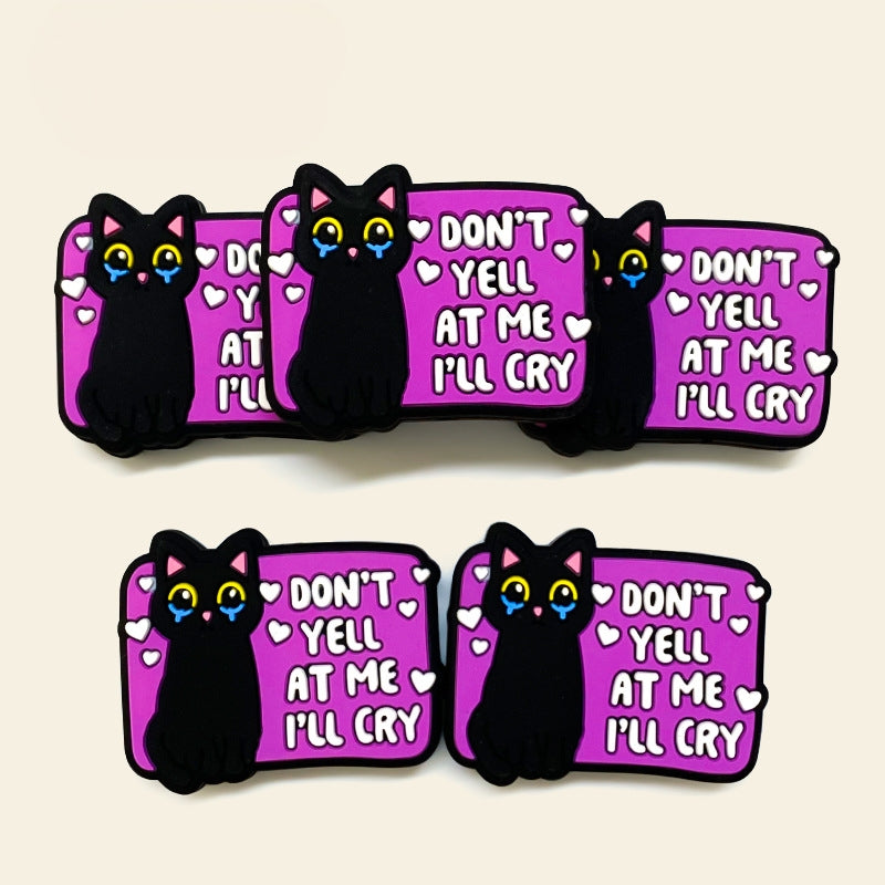 20Pcs Silicone Focal Beads Tearing Kitten Black with Printed Text