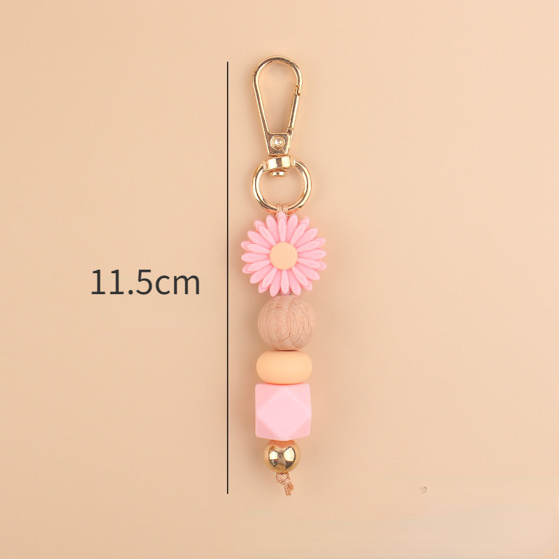 Daisy Silicone Bead Keychain with Wooden Round Bead Charm 5