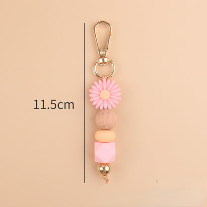 Daisy Silicone Bead Keychain with Wooden Round Bead Charm 5