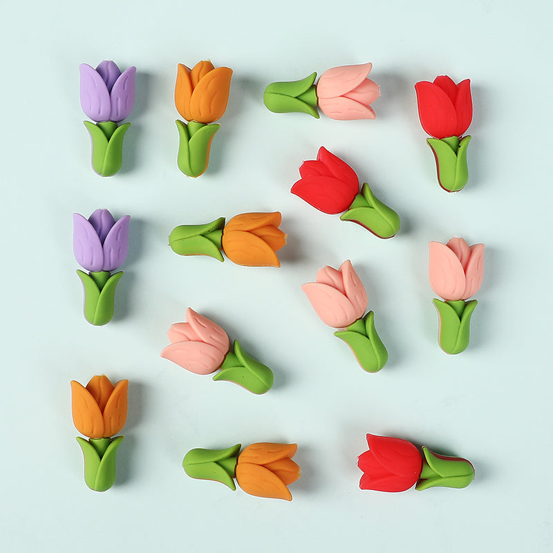20Pcs Silicone 3D Focal Beads Tulip Flower with Green Leaves 3