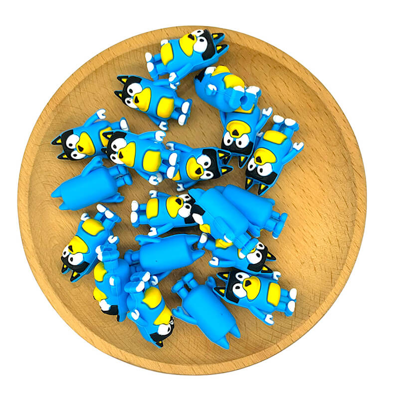 Silicone 3D Focal Beads Blue Cartoon Dog Character Front Facing 2