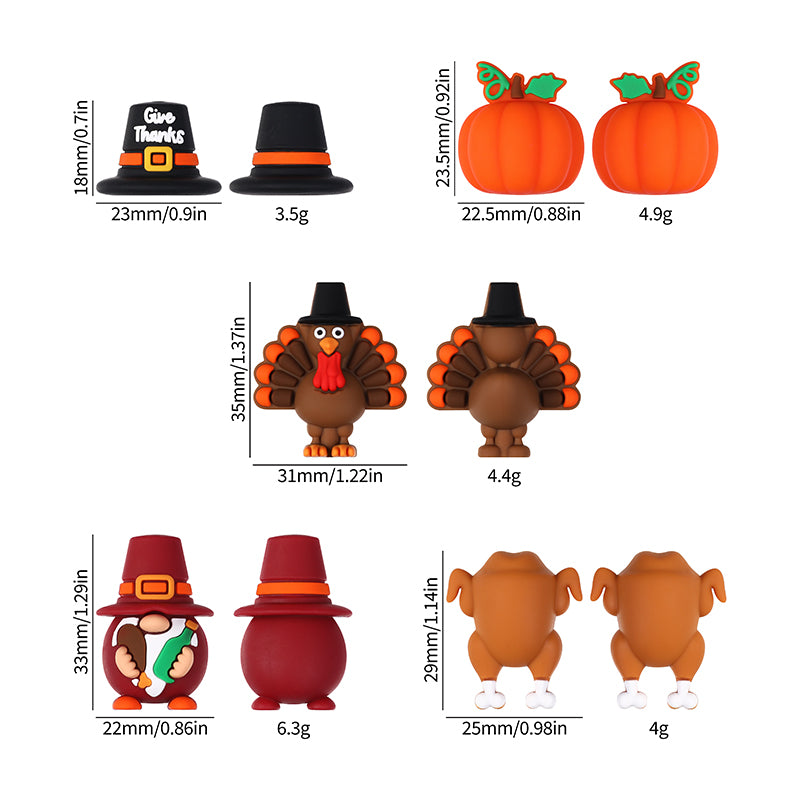 20Pcs Silicone 3D Focal Beads Thanksgiving Theme Turkey Pumpkin Hat Designs 9