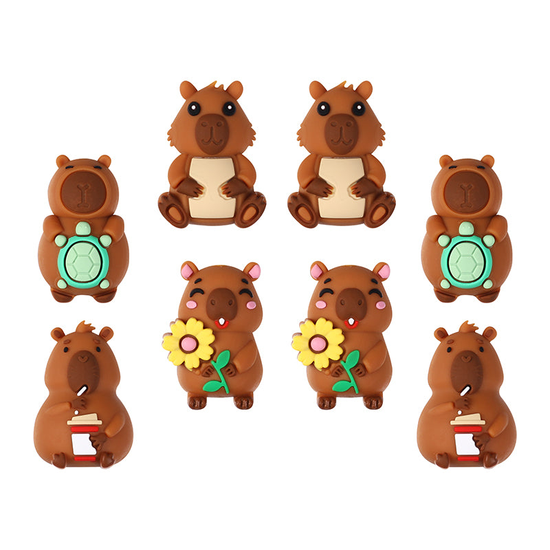 20Pcs Silicone 3D Focal Beads Capybara Holding Flower and Sitting Pose 10