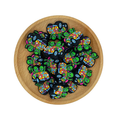 20pcs Silicone Focal Beads Alien Car with Peace Symbol and Flower Pattern 2