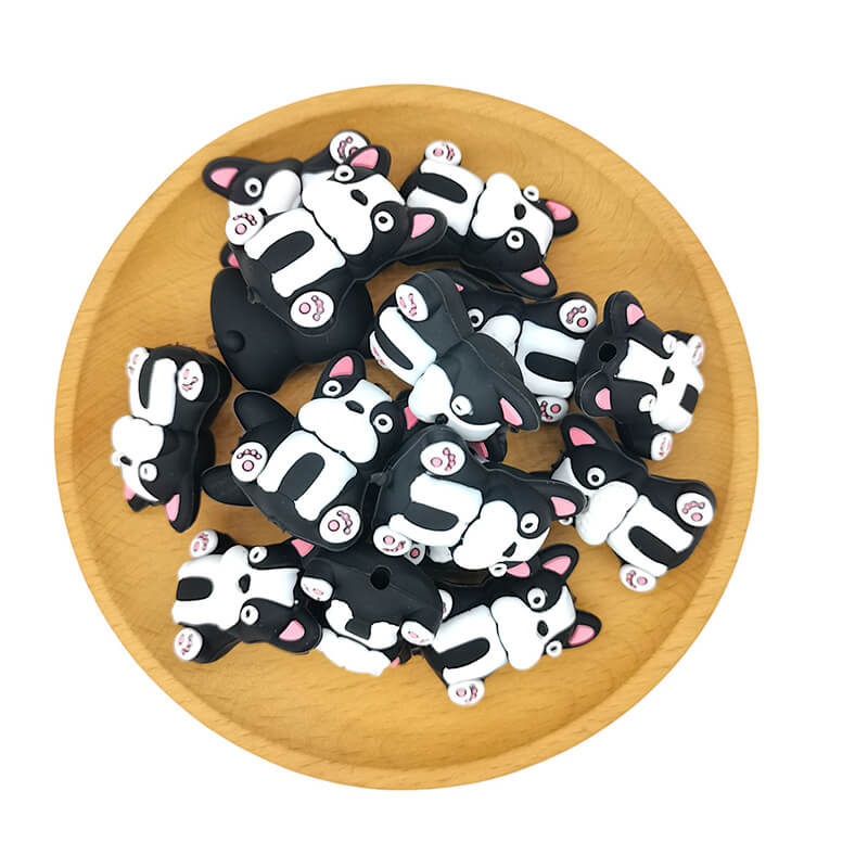 Silicone 3D Focal Beads Black White Dog Pink Ears Sitting Pose 2