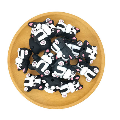 Silicone 3D Focal Beads Black White Dog Pink Ears Sitting Pose 2