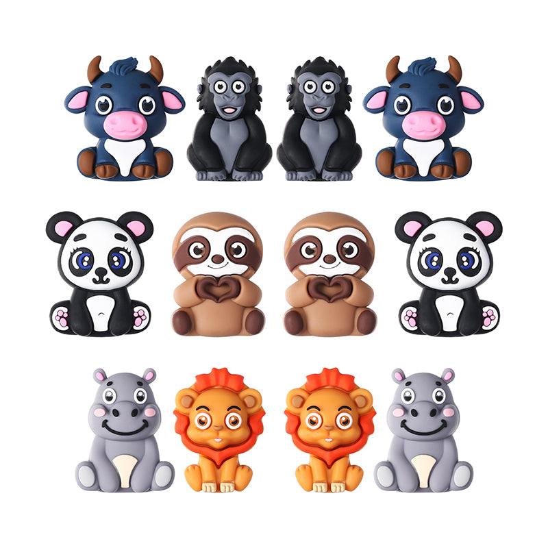 20Pcs Silicone 3D Focal Beads Panda Lion Sloth Animal Sitting Pose