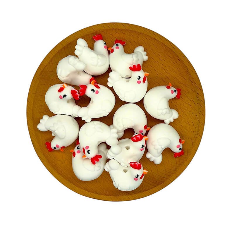 20Pcs Silicone 3D Focal Beads White Rooster Front Facing 2