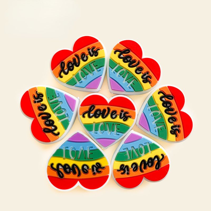 20pcs Silicone Focal Beads Rainbow Heart Love Is Text Design