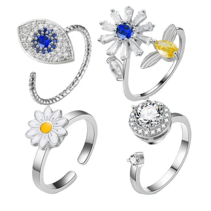 Adjustable Anxiety Fidget Ring with White Flower Spinner for Women 2