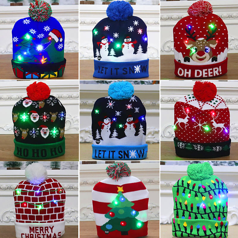 Light Up Knitted Christmas Hat Holiday Decoration 24x21cm