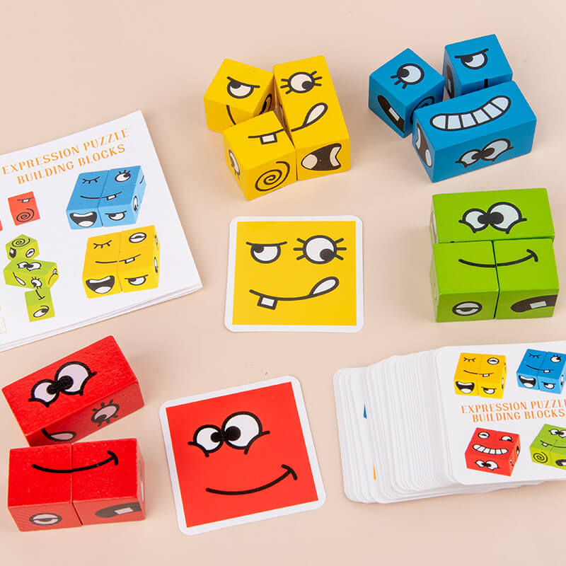 Wooden Expression Matching Puzzle Building Blocks Educational Toy 2