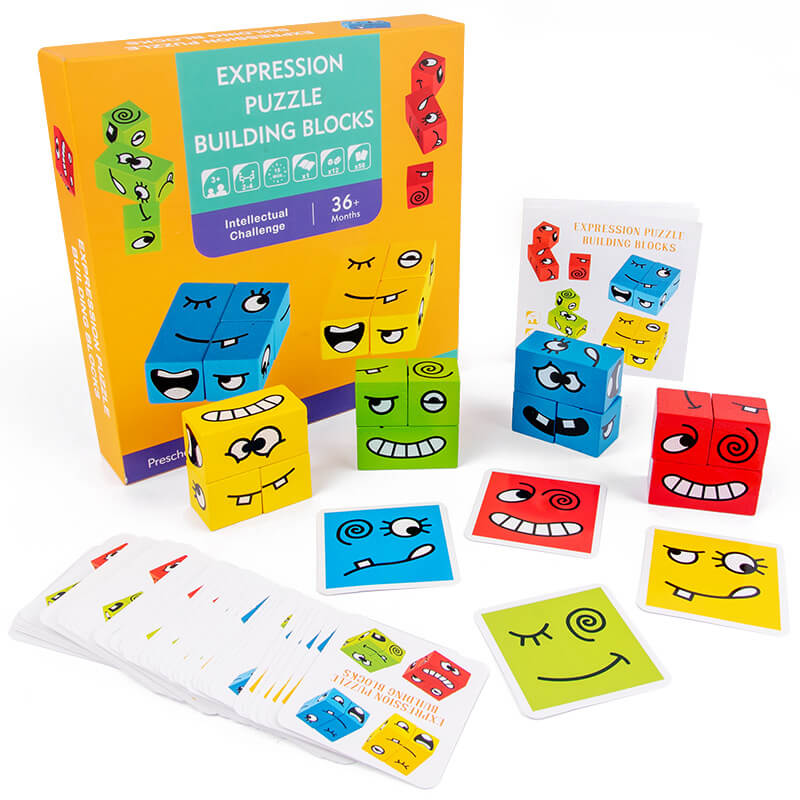Wooden Expression Matching Puzzle Building Blocks Educational Toy