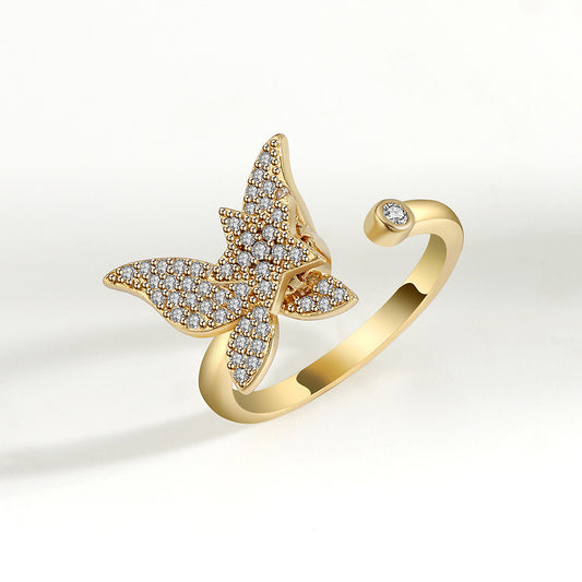Gold Tone Fidget Ring Adjustable Butterfly Spinner Ring for Women