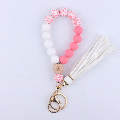 Beech Wood with Eyes Octagonal Tassels Silicone Bead Wristlet Keychain 7