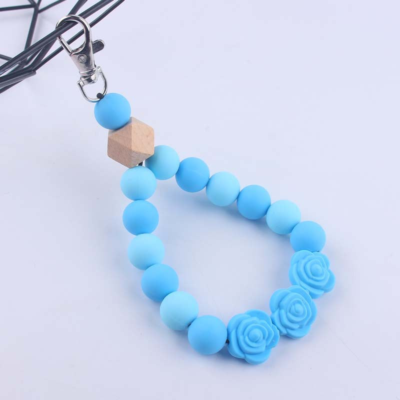Rose Silicone Bead Wristlet Keychain with Wooden Accent Bead 11