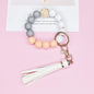 Wooden Bead Silicone Bead Wristlet Keychain with PU Leather Tassel 11