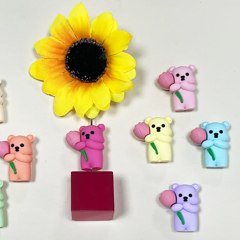 20Pcs Silicone 3D Focal Beads Colored Teddy Bear Holding Flower 4