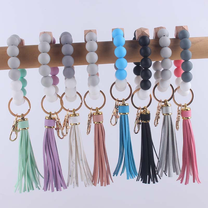 Octagonal Silicone Bead Wristlet Keychain with Tassel Charm 2