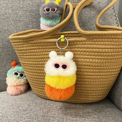Caterpillar Pom Pom Plush Keychain Cute Furry Charm Accessory 11