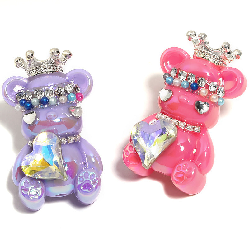 5pcs 22x38mm Crown Bear Acrylic Beads Rhinestone Embellished
