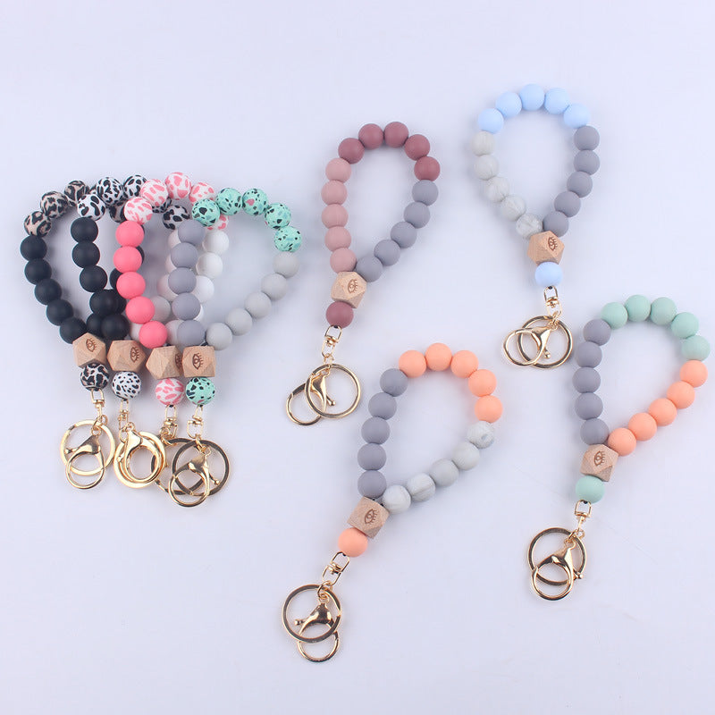 Octagonal Silicone Bead Wristlet Keychain with Wooden Accent