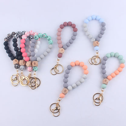 Octagonal Silicone Bead Wristlet Keychain with Wooden Accent